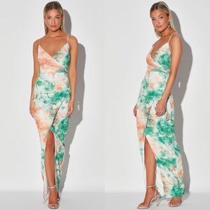 NWOT Lulus Lover's Paradise Metallic Teal Green Multi Tie-Dye Maxi Dress M